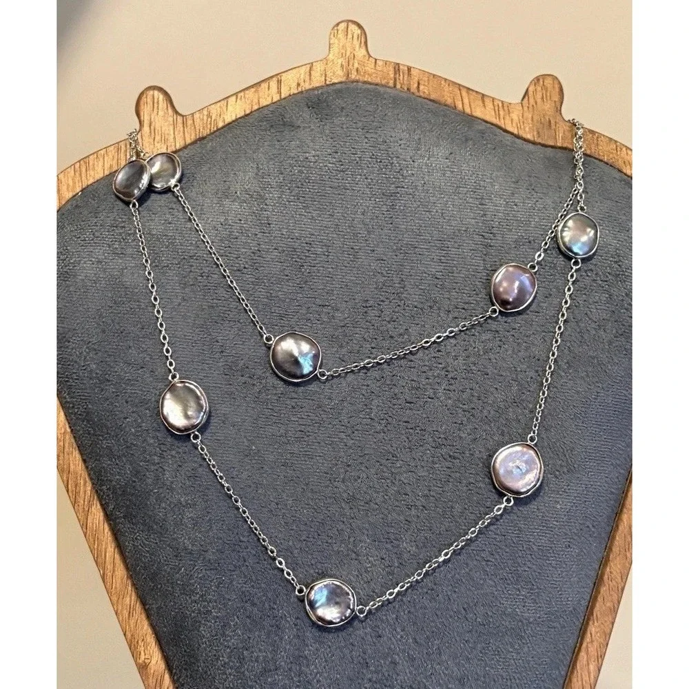 Sterling Silver Iridescent Peacock Coin Pearl Station Necklace 35